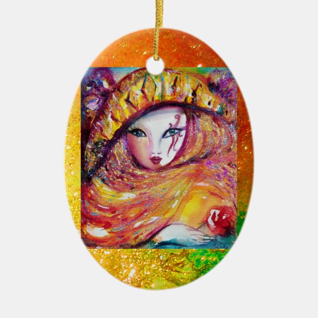 ORNAMENTO DE CERÂMICA MÁSCARA CARNIVAL NO AMARELO DOURADO COM ROSA VERME (Frente)