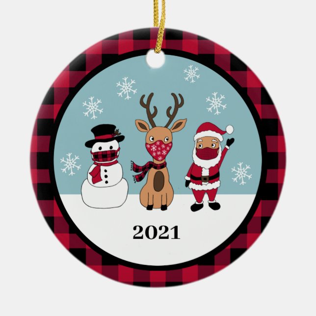 Ornamento De Cerâmica Máscara de Papais noeis de Verificação de Xadrez d (Frente)