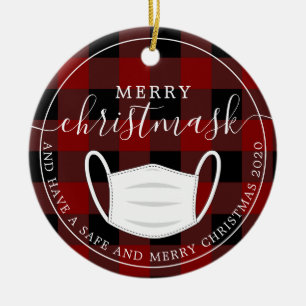 Ornamento De Cerâmica máscara de quarentena de xadrez vermelha de máscar