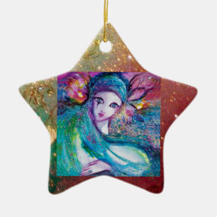 Ornamento De Cerâmica MÁSCARA EM AZUL, Monograma Amarelo