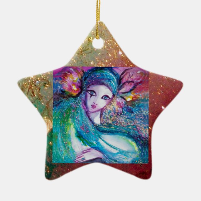 Ornamento De Cerâmica MÁSCARA EM AZUL, Monograma Amarelo (Frente)