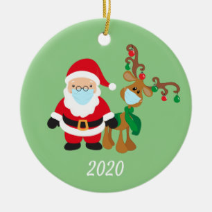 Ornamento De Cerâmica Máscara Facial de Natal Papai Noel e Rena 2020 Nom