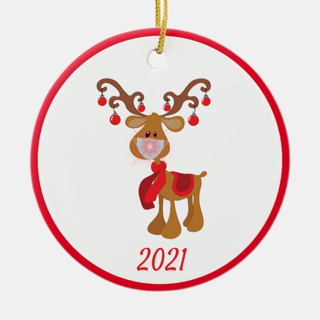 Ornamento De Cerâmica Máscara Facial de Natal Rudolph Renas 2021 (Frente)