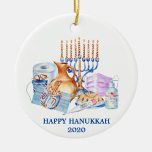 Ornamento De Cerâmica Máscara Feliz de Hanukkah Watercolor 2020