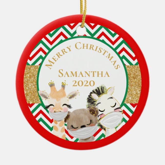 Ornamento De Cerâmica Máscaras de Rosto para Animais de Natal Feliz 2020 (Frente)