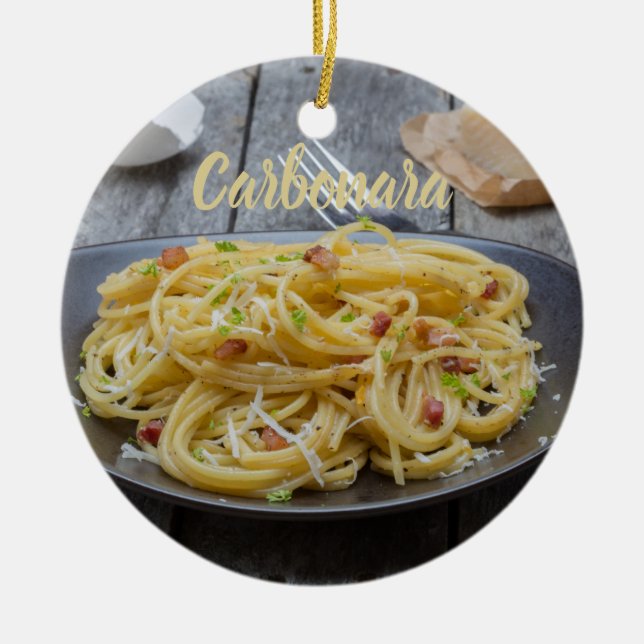 Ornamento De Cerâmica Massas de espaguete Carbonara com Bacon e Parmesão (Frente)