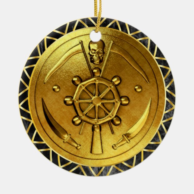Ornamento De Cerâmica Medalhão de Rodas do Navio Pirata Dourado (Frente)