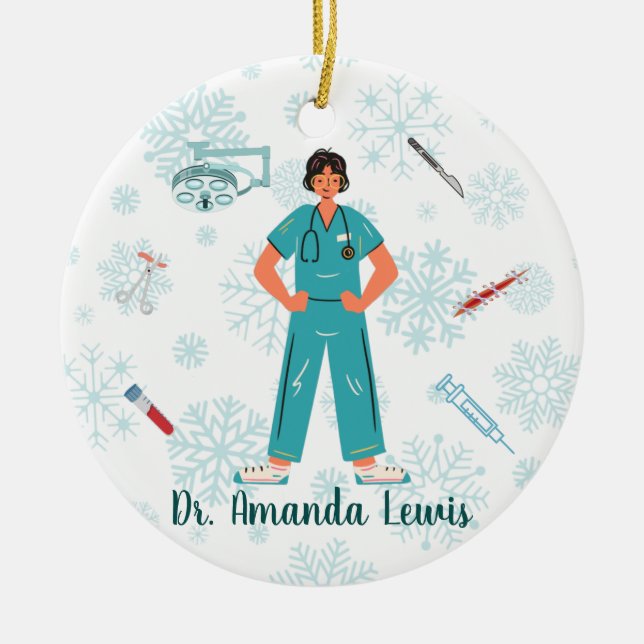 Ornamento De Cerâmica Médico Personalizado, Cirurgião Natal (Frente)