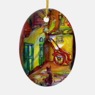 ORNAMENTO DE CERÂMICA MEDIEVAL ALLEY BY NIGHT IN FLORENCE WITH BLACK CAT