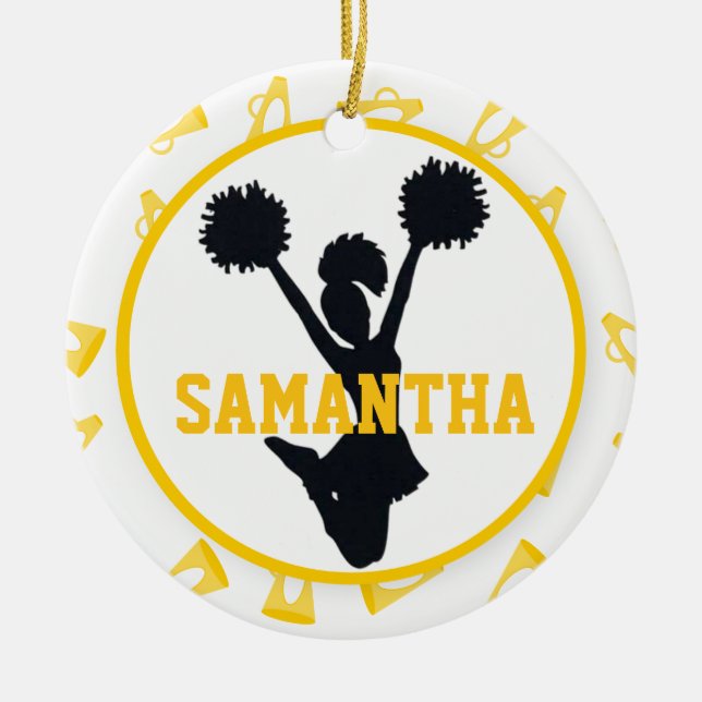 Ornamento De Cerâmica Megafone amarelos e cheerleader personalizados (Frente)