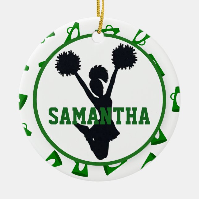 Ornamento De Cerâmica Megafone verdes e cheerleader personalizados (Frente)