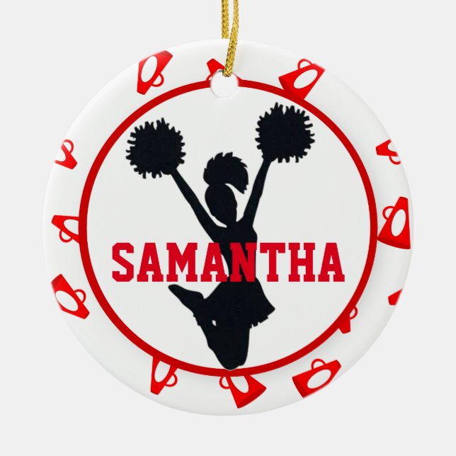 Ornamento De Cerâmica Megafone vermelhos e cheerleader personalizados (Frente)
