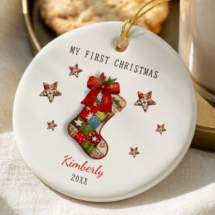 Ornamento De Cerâmica Meia de retalhos de Natal do primeiro bebê fofo