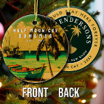 Ornamento De Cerâmica Meia Lua Bahamas Vintage Sunset Vacation 60s<br><div class="desc">Esta Vintage Half Moon Cay das Bahamas Vintage design faz um excelente de Natal ou presente de aniversário para fãs das Bahamas de Pequeno San Salvador. O retroverão vibes design é um presente perfeito para amantes de viagem e fãs de destinos tropicais. Você pode personalizar e modificar este modelo ajustando,...</div>