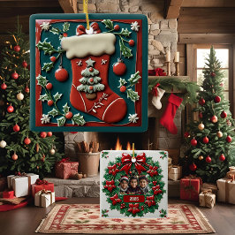 Ornamento De Cerâmica Meia Vermelha de Natal Personalizável