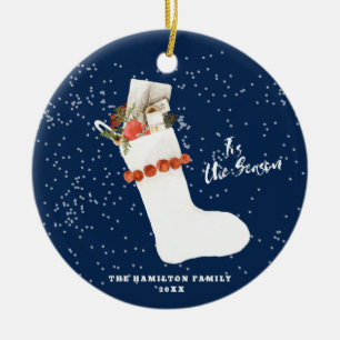 Ornamento De Cerâmica Meia Vintage com Neve Foto de Natal da Família