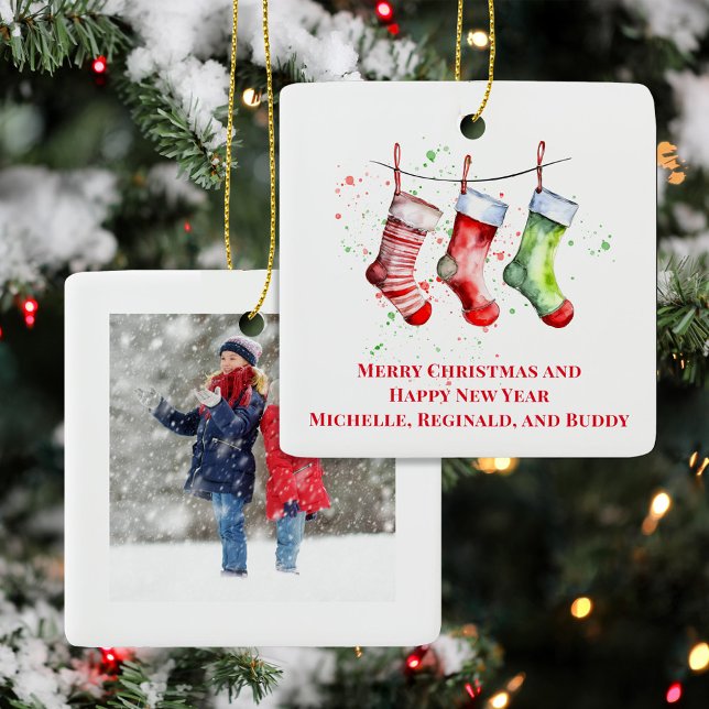 Ornamento De Cerâmica Meias de Natal com Foto em Água Simples (Watercolor Stocking Custom Photo Ornaments)