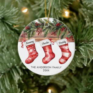 Ornamento De Cerâmica Meias de Natal de família de 3 aquarela fofa