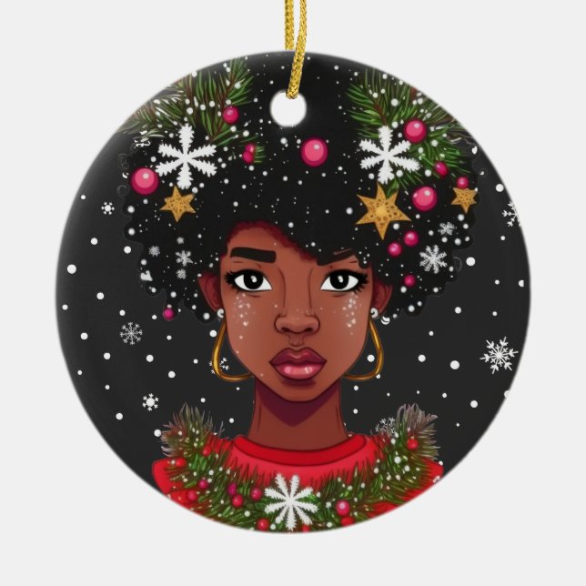 Ornamento De Cerâmica Melanin Christmas Magic Black Girl Sista (Frente)
