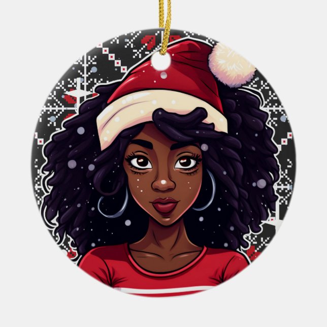 Ornamento De Cerâmica Melanin Christmas Magic Black Girl Sista (Frente)