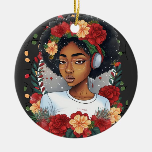Ornamento De Cerâmica Melanin Christmas Winter Black Girl Magic Sista (Frente)