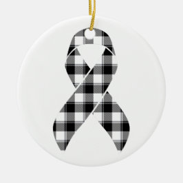 Ornamento De Cerâmica Melanoma Skin Cancer Awareness Plaid Black Ribbon
