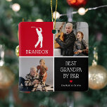 Ornamento De Cerâmica Melhor Avô do Par Photo Collage Natal<br><div class="desc">Surpreenda seu avô profissional de golfe este Natal com este adorável ornamento de manutenção de fotos. Basta adicionar 2 (duas) fotos personalizadas a este design do telefone ou computador. A design apresenta uma ilustração de golfista branco moderna personalizada com seu nome embaixo de um bloco colorido, o doce trocadilho que...</div>