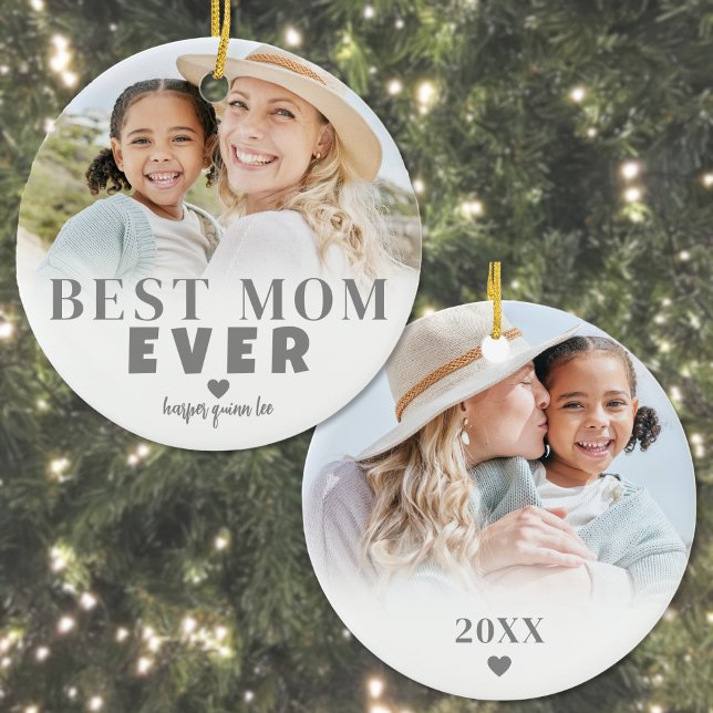 Ornamento De Cerâmica Melhor Mãe Personalizada 2 Foto Natal (Personalized Best Mom 2 Photo Christmas Ceramic Ornament)