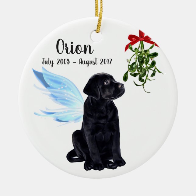 Ornamento De Cerâmica Memória de Natal do Pet Dog Angel Black Lab (Frente)