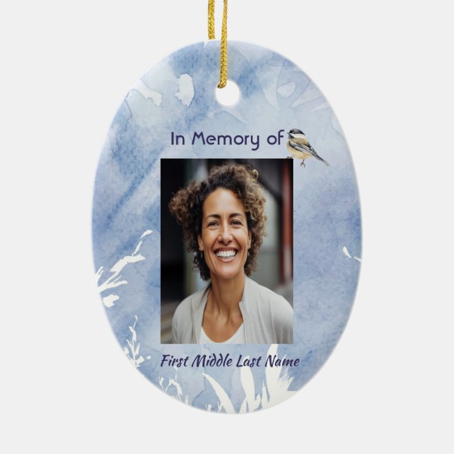 Ornamento De Cerâmica Memorial Chickadee Bird Winter Snow Tree (Verso)