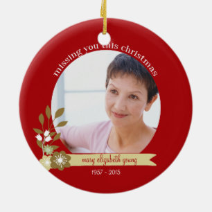 Ornamento De Cerâmica Memorial Christmas com nome de foto personalizado