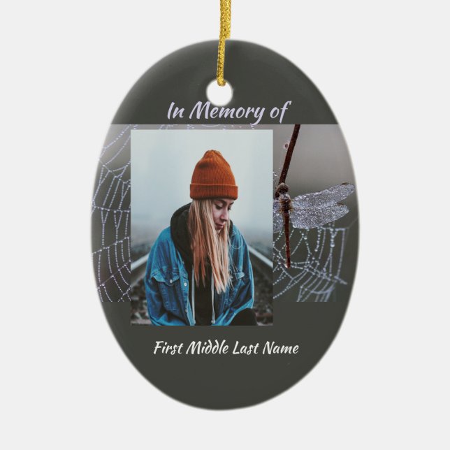 Ornamento De Cerâmica Memorial Keepsake  Card Dragonfly Dewdrops (Frente)