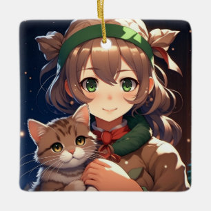 Ornamento De Cerâmica Menina Anime Fofa Segurando um Gatinho Natal