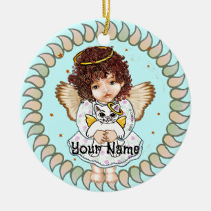 Ornamento De Cerâmica Menina Anjo e Gato