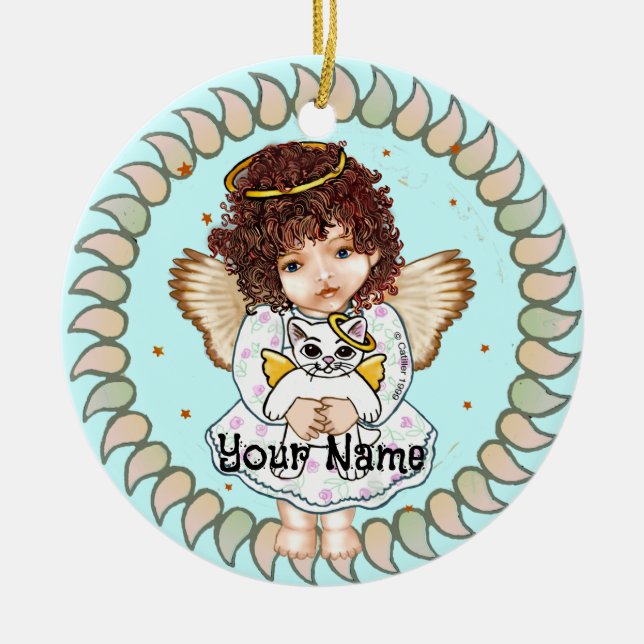 Ornamento De Cerâmica Menina Anjo e Gato (Frente)