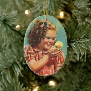 Ornamento De Cerâmica Menina Antiga com Pintinho, Criança Feliz Sorriden