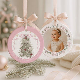 Ornamento De Cerâmica Menina Bebê Primeiro Natal Rosa Foto Cerâmica