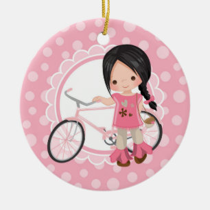 Ornamento De Cerâmica Menina Bicicleta Preta - Branca Rosa