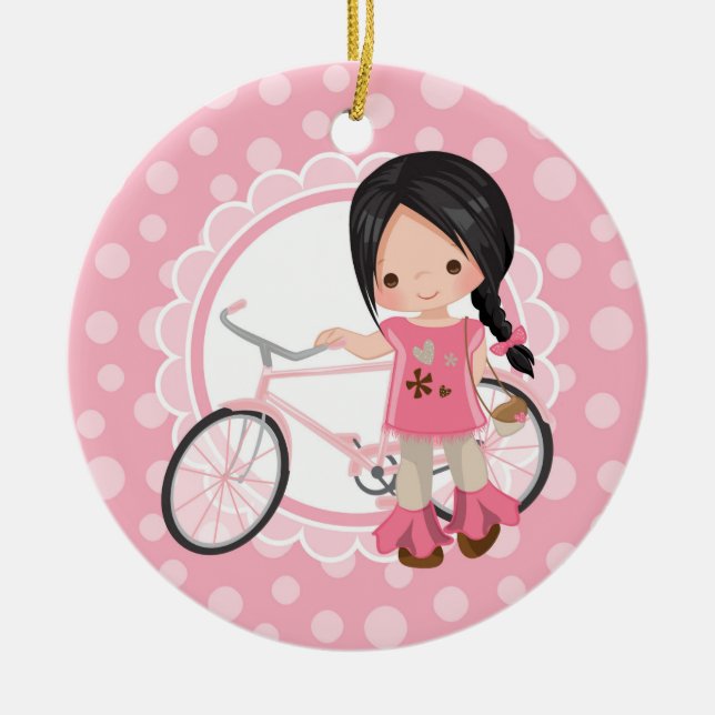 Ornamento De Cerâmica Menina Bicicleta Preta - Branca Rosa (Frente)