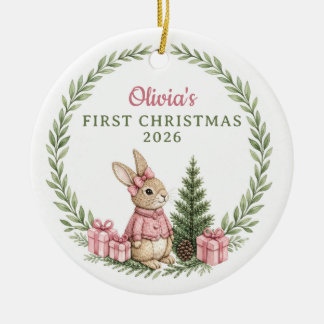 Ornamento De Cerâmica Menina Coelhinho em Aquarela 1º Natal