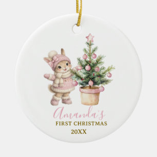 Ornamento De Cerâmica Menina Coelho Rosa Primeiro Natal Lembrança