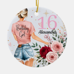 Ornamento De Cerâmica Menina de 16 Anos Personalizada Rosa Arte Floral