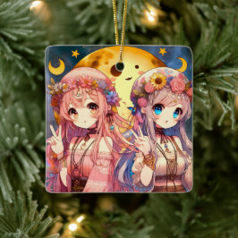Ornamento De Cerâmica Menina de anime Hippie Moon Girls Dando Sinal de P