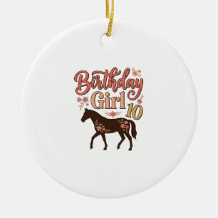 Ornamento De Cerâmica Menina de Aniversário 10 Cavalo Floral Desenho Vet
