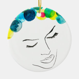 Ornamento De Cerâmica Menina de cabelo colorido funky aquarela