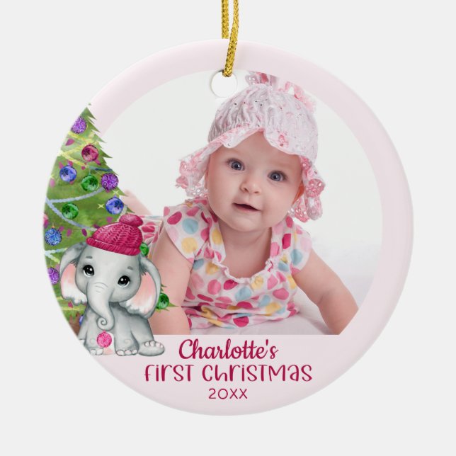 Ornamento De Cerâmica Menina de Elefante Bonita Primeiro Natal Rosa (Frente)