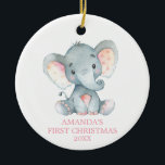 Ornamento De Cerâmica Menina de Elefante Bonita Rosa de Natal Primeiro<br><div class="desc">Filheira de Elefante Cinto Primeira Ornação Cerâmica Rosa-de-Natal</div>