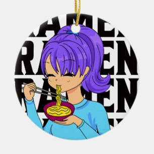 Ornamento De Cerâmica Menina de estilo animado comendo texto preto de No
