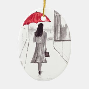 Ornamento De Cerâmica Menina de Londres com guarda-chuva vermelha