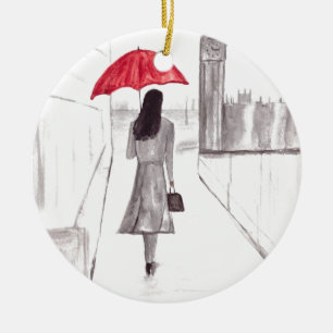 Ornamento De Cerâmica Menina de Londres com guarda-chuva vermelho